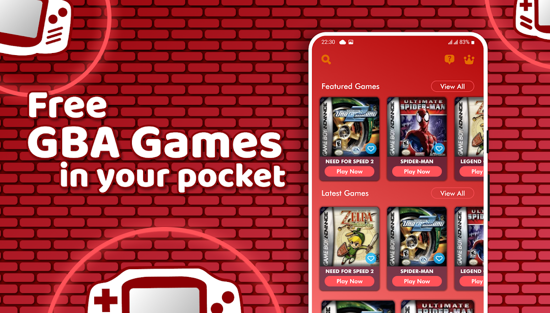 GBA Emulator app preview showing its red game library interface